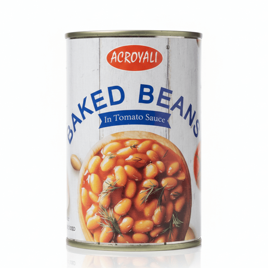 Can of Acroyali baked beans in tomato sauce on a white background