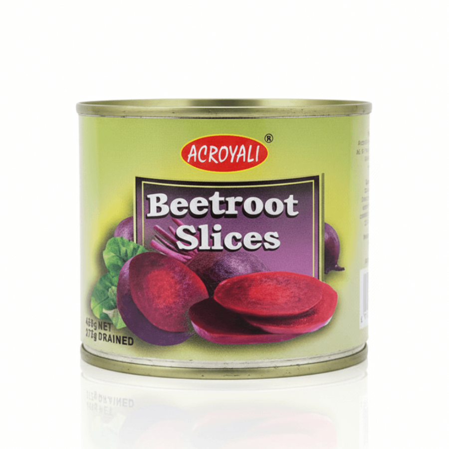 Can of Acroyali Beetroot Slices on a white background