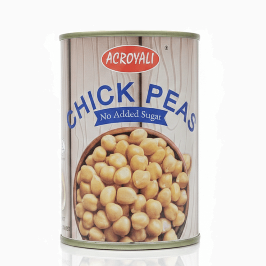 Can of Acroyali chick peas on a white background