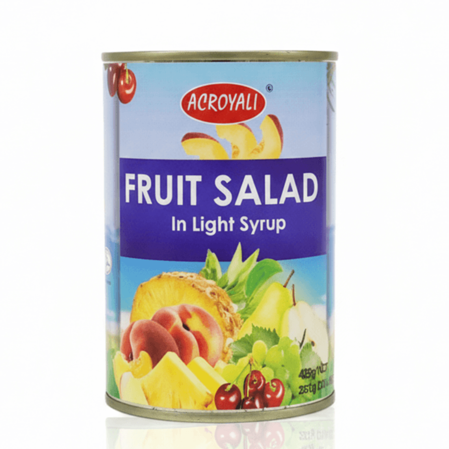 Can of Acroyali Fruit Salad with colorful label on a white background