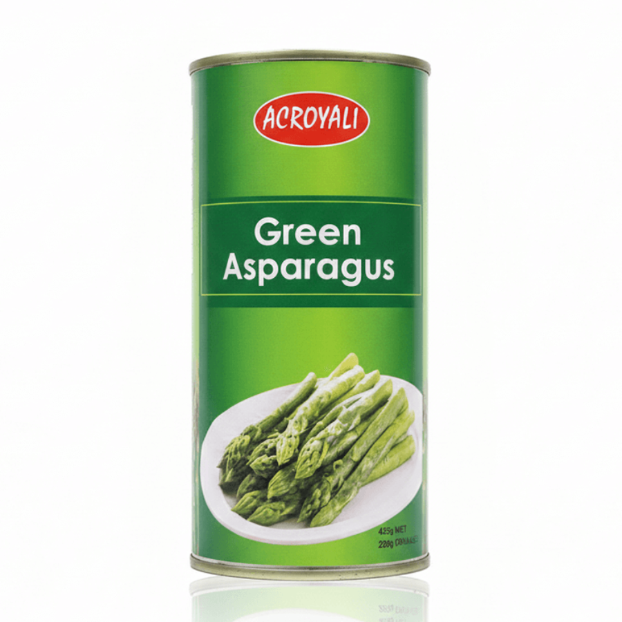 Can of Acroyali Green Asparagus on a white background