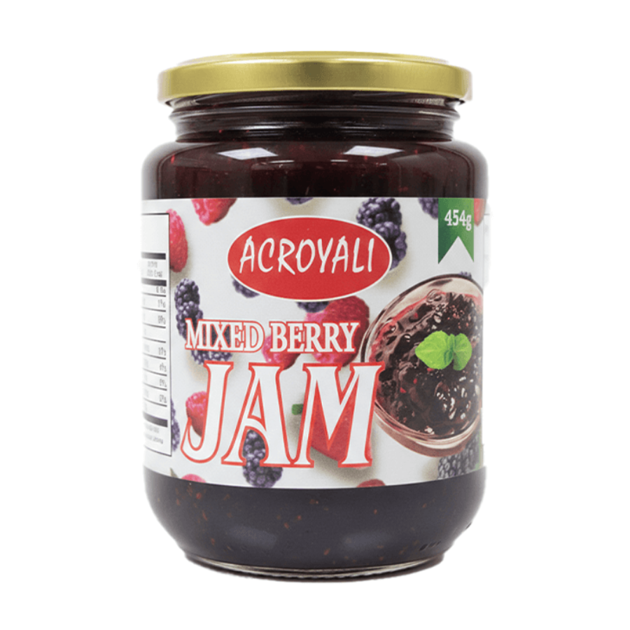 Jar of Acroyali mixed berry jam on a white background