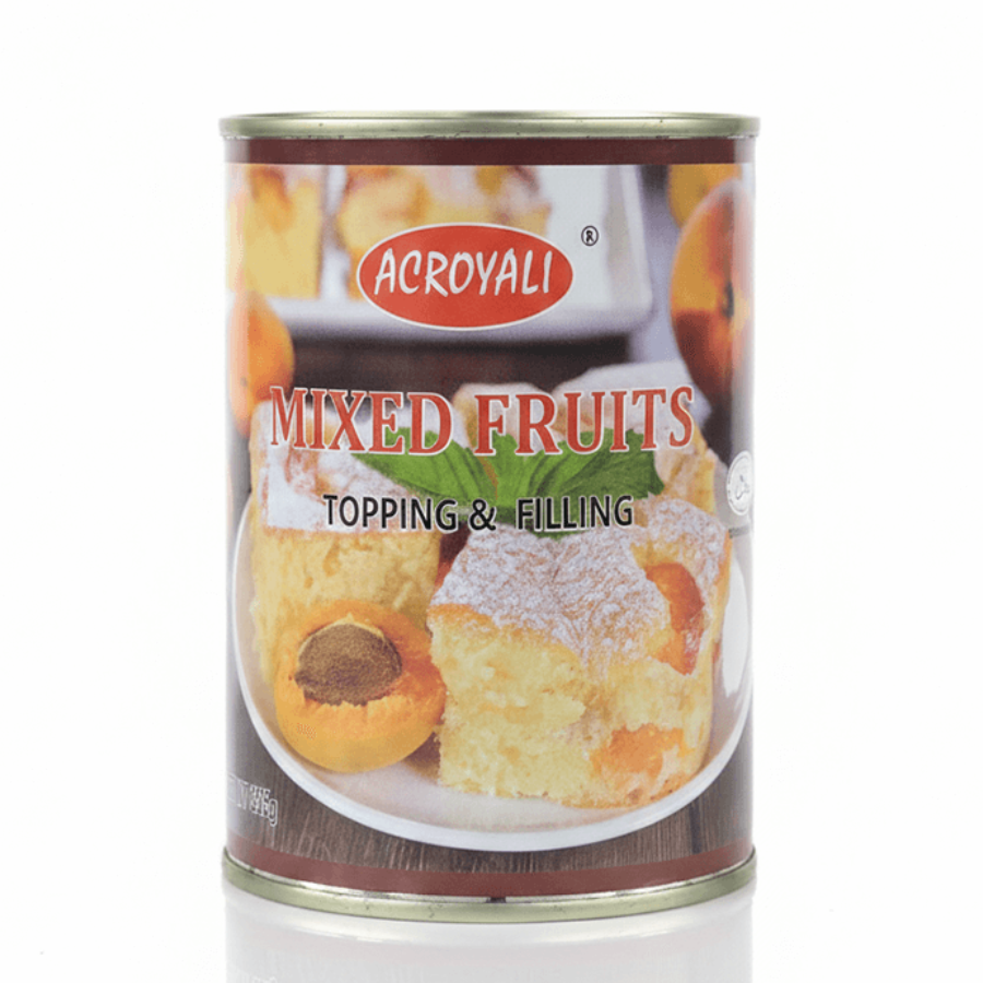 Can of Acroyali mixed fruits topping and filling on a white background