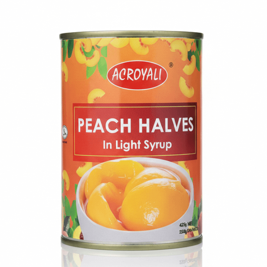 Can of Acroyali peach halves in light syrup on a white background