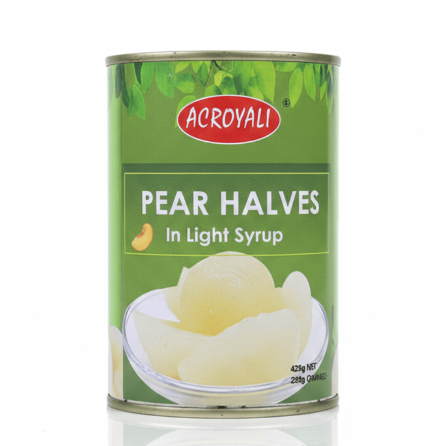 Can of Acroyal pear halves in light syrup on a white background