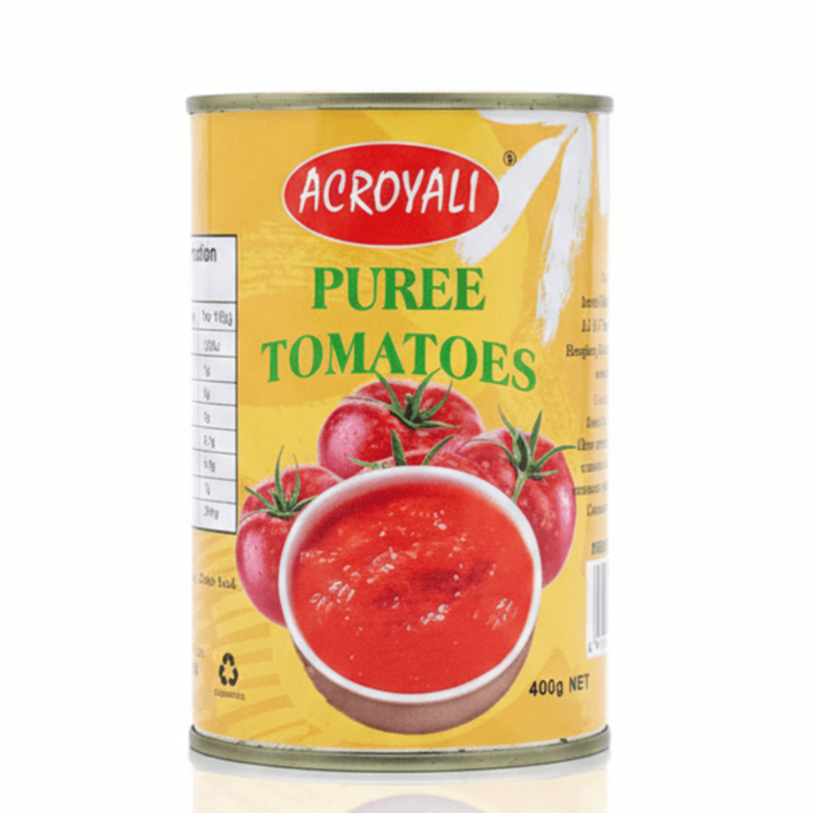 Can of Acroyali puree tomatoes on a white background