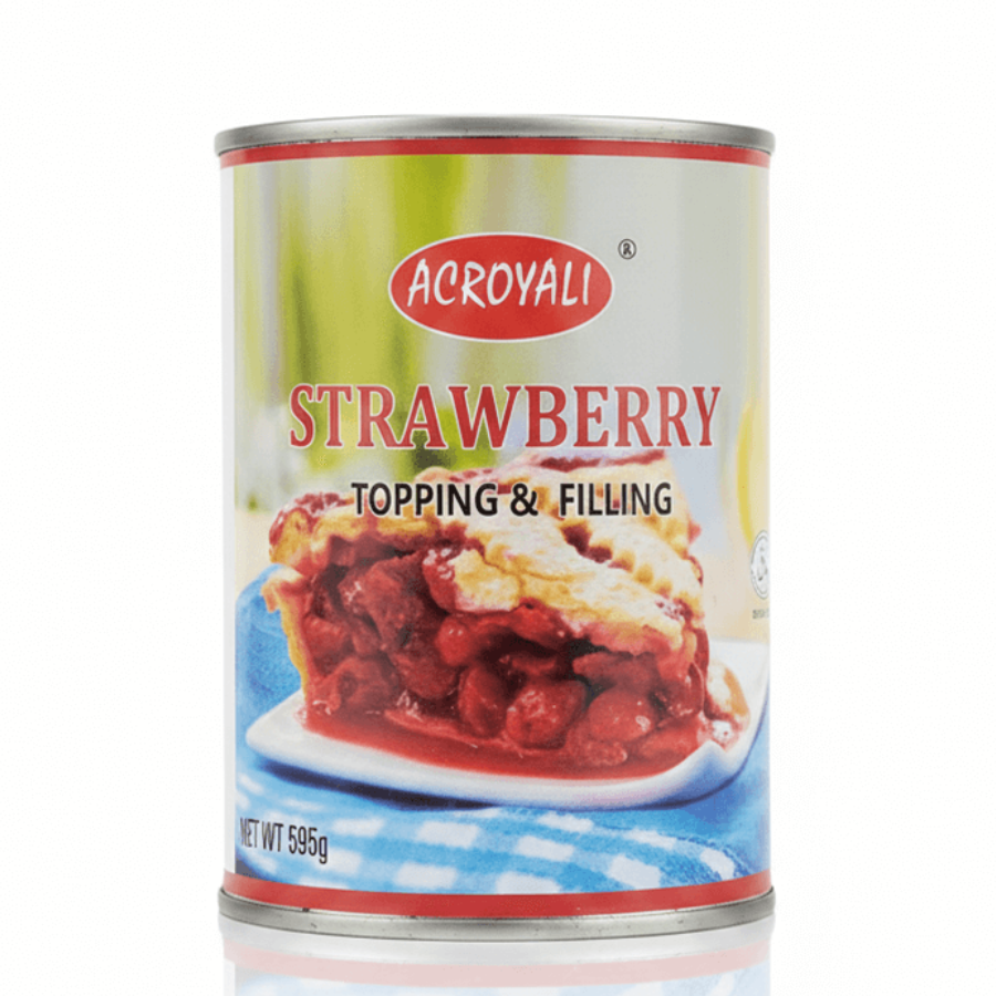 Can of Acroyali strawberry topping and filling on a white background