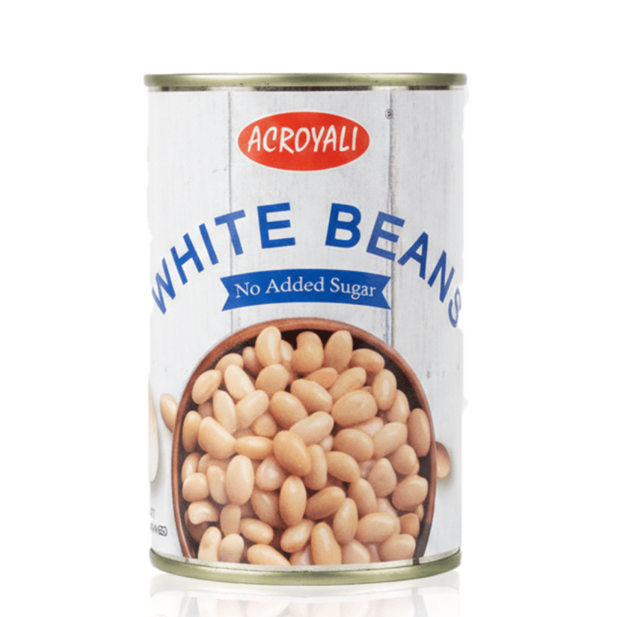 Can of Acroyali white beans on a white background