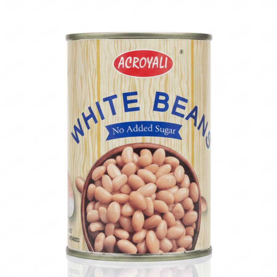 Can of Acroyali white beans on a white background