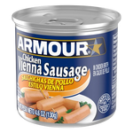 A can of Armour Vienna Sausage chicken meat, with the product clearly visible through the transparent lid. The can has a blue and white label, featuring the product name and an image of the sausages.