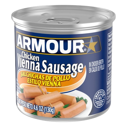 A can of Armour Vienna Sausage chicken meat, with the product clearly visible through the transparent lid. The can has a blue and white label, featuring the product name and an image of the sausages.