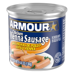 A can of Armour Vienna Sausage chicken meat, with the product clearly visible through the transparent lid. The can has a blue and white label, featuring the product name and an image of the sausages.