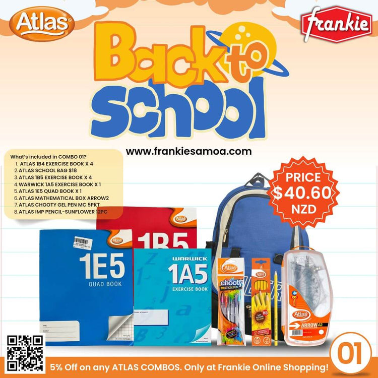 BACK2SCHOOL COMBO 01 - 1B4 EXERCISE BOOK X 4PCS | SCHOOL BAG $18 | 1B5 EXERCISE BOOK X 4PCS | 1A5 EXERCISE BOOK X 1PCS | 1E5 QUAD BOOK X 1PCS | ATLAS MATHEMATICAL BOX ARROW1 | ATLAS CHOOTY GEL PEN MC 5PKT | ATLAS IMP PENCIL 12PC