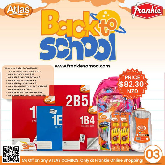 BACK2SCHOOL COMBO 03 - 1B4 EXERCISE BOOK X 3PCS | SCHOOL BAG $32 | 1B5 EXERCISE BOOK X 6PCS | 2B5 LECTURE BOOK X 4PCS | ERASER $0.3 X 3PCS | 1E5 QUAD BOOK X 2PCS | ATLAS MATHEMATICAL BOX ARROW2 | ATLAS CHOOTY PEN MC 5PKT | ATLAS PENCIL 12PC X 2PCS