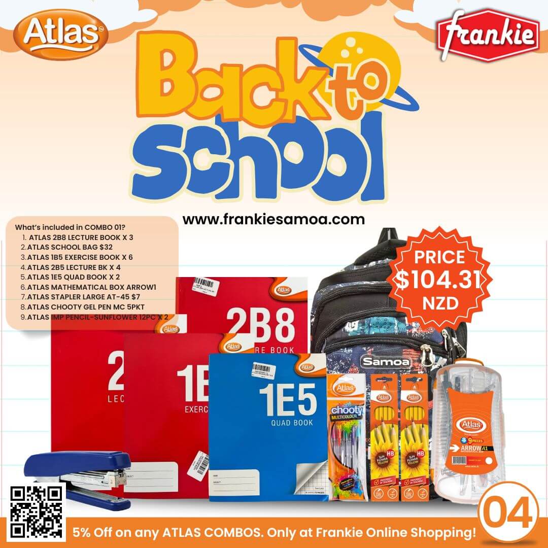 BACK2SCHOOL COMBO 04 - 2B8 LECTURE BOOK X 3PCS | SCHOOL BAG $32 | 1B5 EXERCISE BOOK X 6PCS | 2B5 LECTURE BOOK X 4PCS | ATLAS STAPLER $7 | 1E5 QUAD BOOK X 2PCS | ATLAS MATHEMATICAL BOX ARROW2 | ATLAS CHOOTY PEN MC 5PKT | ATLAS PENCIL 12PC X 2PCS