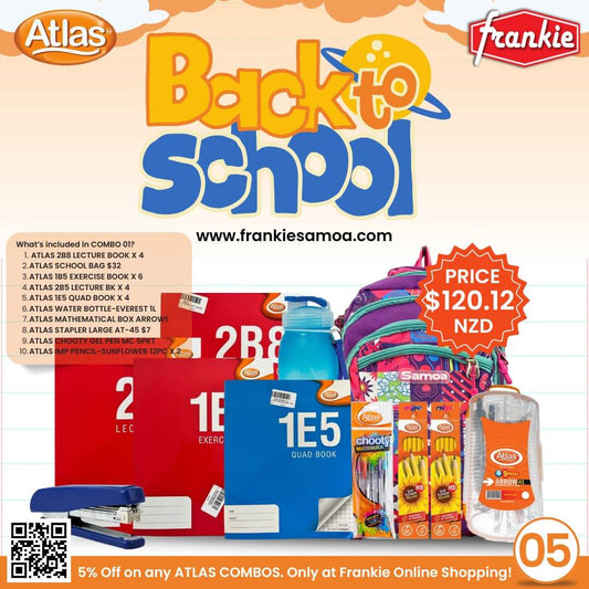 BACK2SCHOOL COMBO 05 - 2B8 LECTURE BOOK X 4PCS | SCHOOL BAG $32 | 1B5 EXERCISE BOOK X 6PCS | 2B5 LECTURE BOOK X 4PCS | STAPLER $7 | 1E5 QUAD BOOK X 4PCS | WATER BOTTLE 1L $9 | ATLAS MATH BOX ARROW2 | ATLAS CHOOTY PEN 5PKT | ATLAS PENCIL 12PC X 2PCS