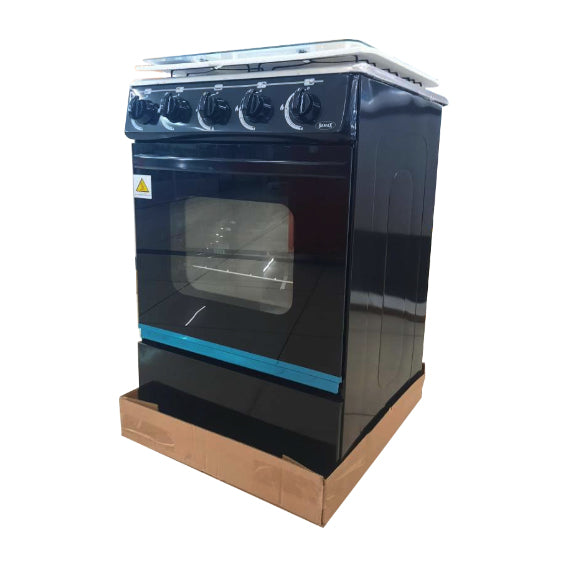 A black Samax 4 Burner Gas Stove/Oven with blue accents on the control panel, displayed against a plain background.
