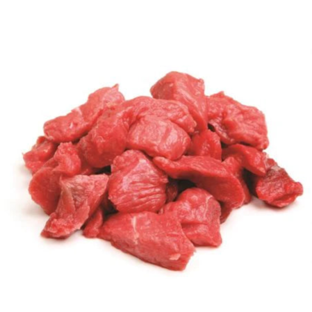 Raw diced beef on a white background