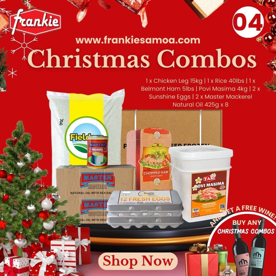 Christmas Combo 04 - 1 x Rice 40lbs | 1 x Chicken Leg 15kg | 1 x Povi Masima 4kg | 1 x Belmont Pork Ham 5lbs | 2 x Sunshine Eggs Large Dozens | 2 x Master Mack N/Oil 425g x 8 - Get a free Miguelete Wine 75CL