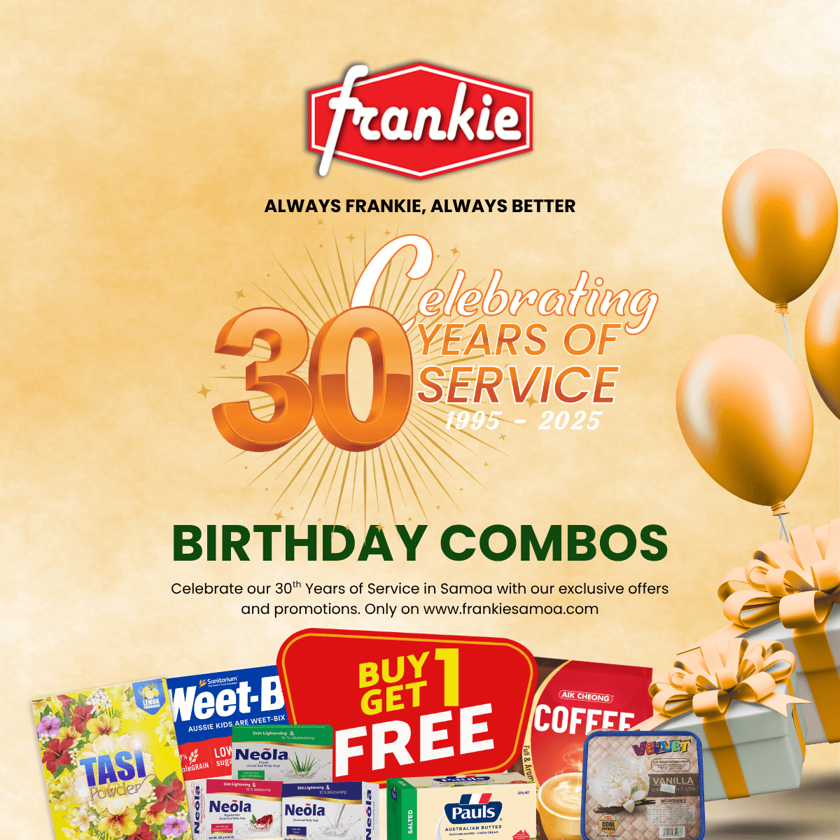 30th Birthday Combo 05 - 1 Rice 40lbs + 1 Chicken Leg Quarter 15kg + 1 Island Corned Beef 3lbs(2) + 1 Tasi Mackerel N/Oil 425g(8) + 1 Pauls Milk Pure 1L(12) + Brown Sugar 25kg + Free AIK French Roast Coffee 560g