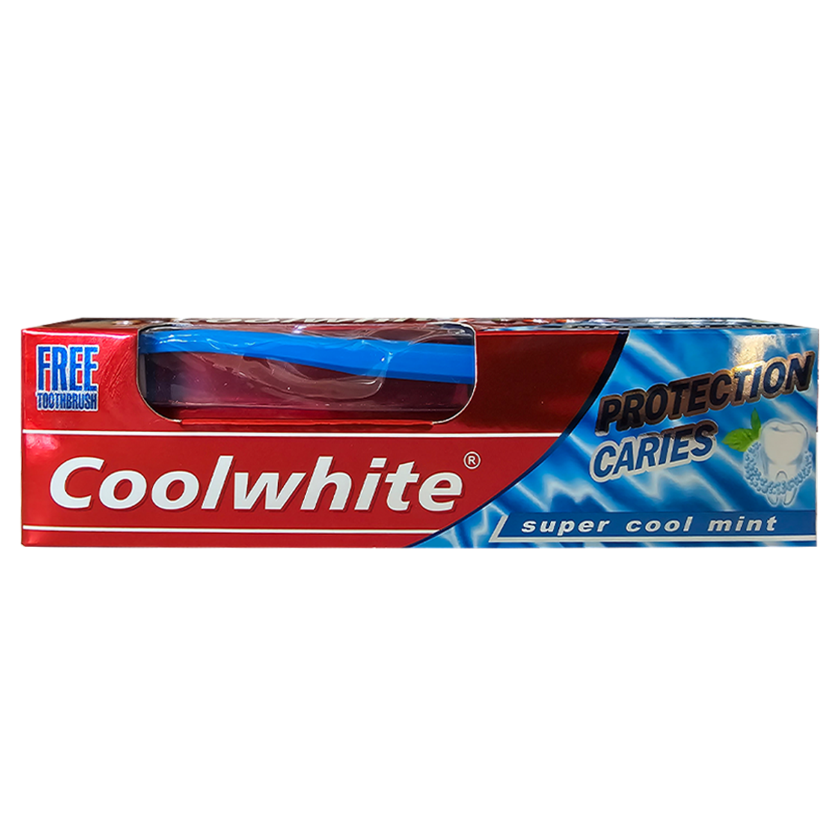 Packaging of Coolwhite Protection Caries Toothpaste, showing the tube and the text emphasizing cavity protection and fresh mint flavor.