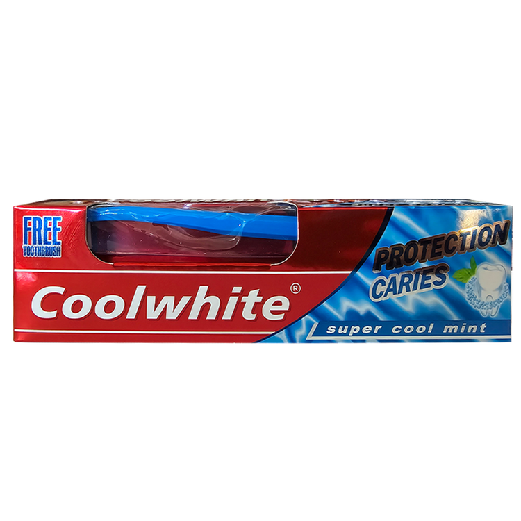 Packaging of Coolwhite Protection Caries Toothpaste, showing the tube and the text emphasizing cavity protection and fresh mint flavor.