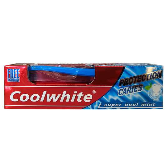Packaging of Coolwhite Protection Caries Toothpaste, showing the tube and the text emphasizing cavity protection and fresh mint flavor.