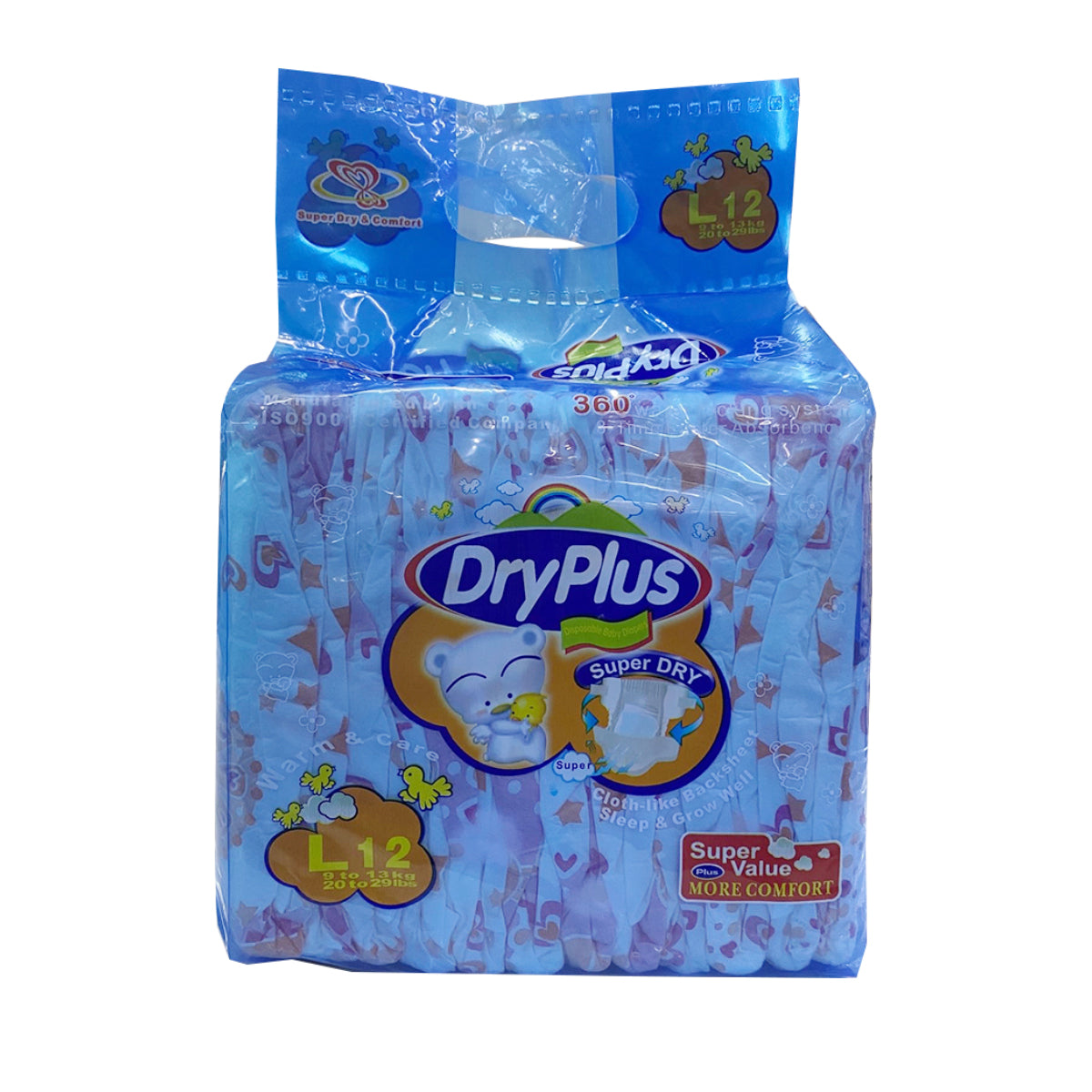 A pack of Dryplus Diaper Super Value Pack with character illustrations on the packaging, indicating a snug and comfortable fit for babies.