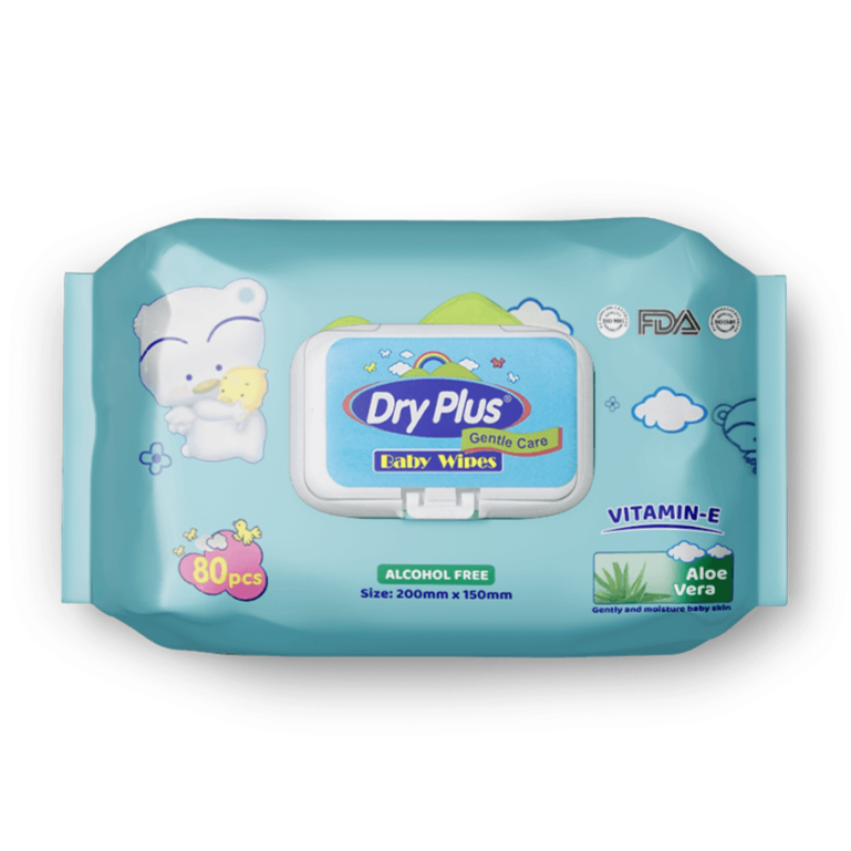 Dry Plus baby wipes packaging on a white background