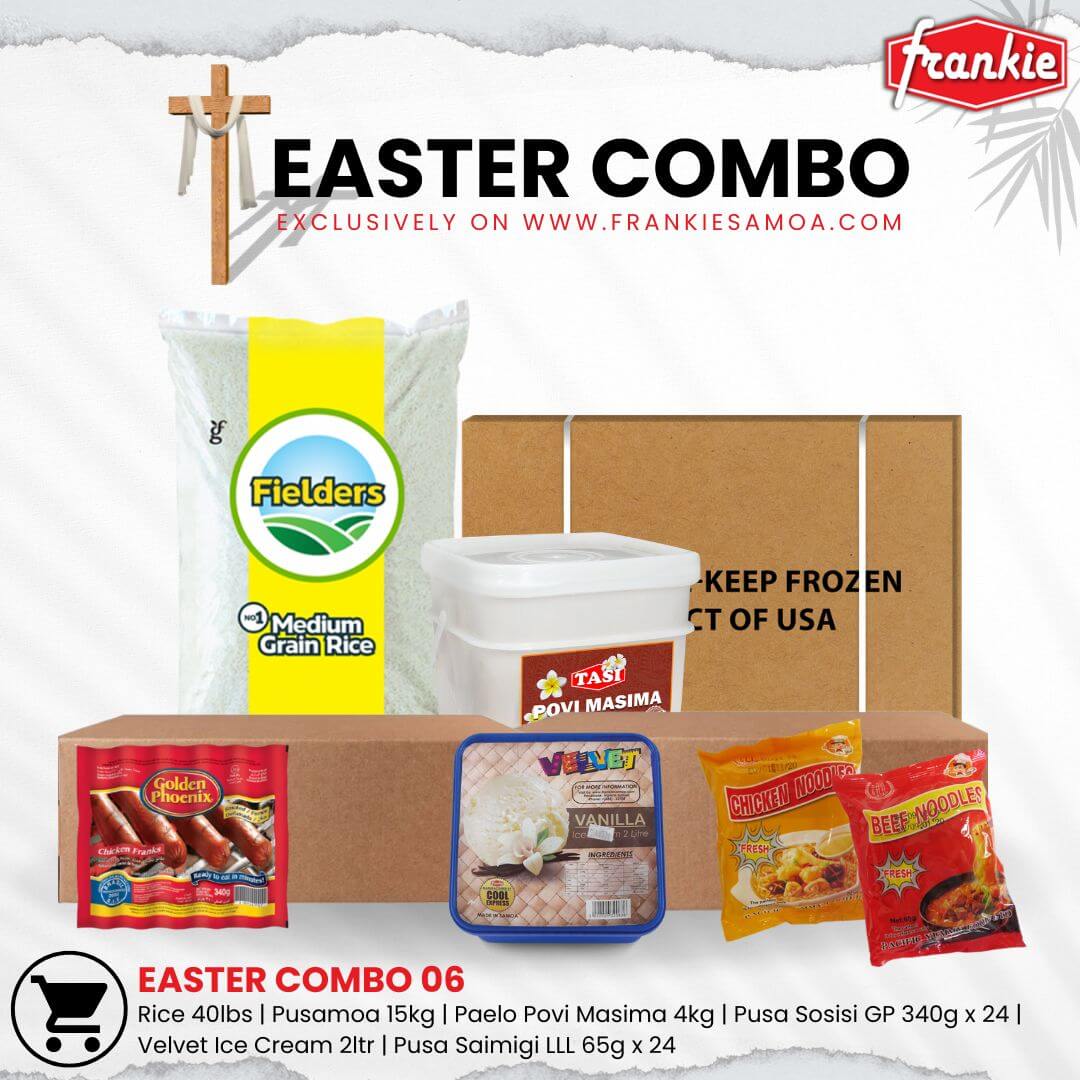 EASTER COMBO 06 - Rice 40lbs | Chicken Leg 15kg | Povi Masima 4kg | GP Chicken Franks Sausage 340g x 24 | LLL  Instant Noodle 65g x 24 | Velvet Ice Cream 2ltr