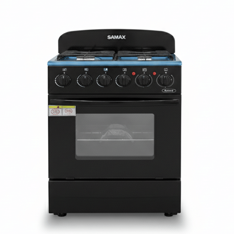 Black stove with Samax branding on a white background