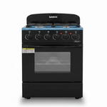 Black stove with Samax branding on a white background