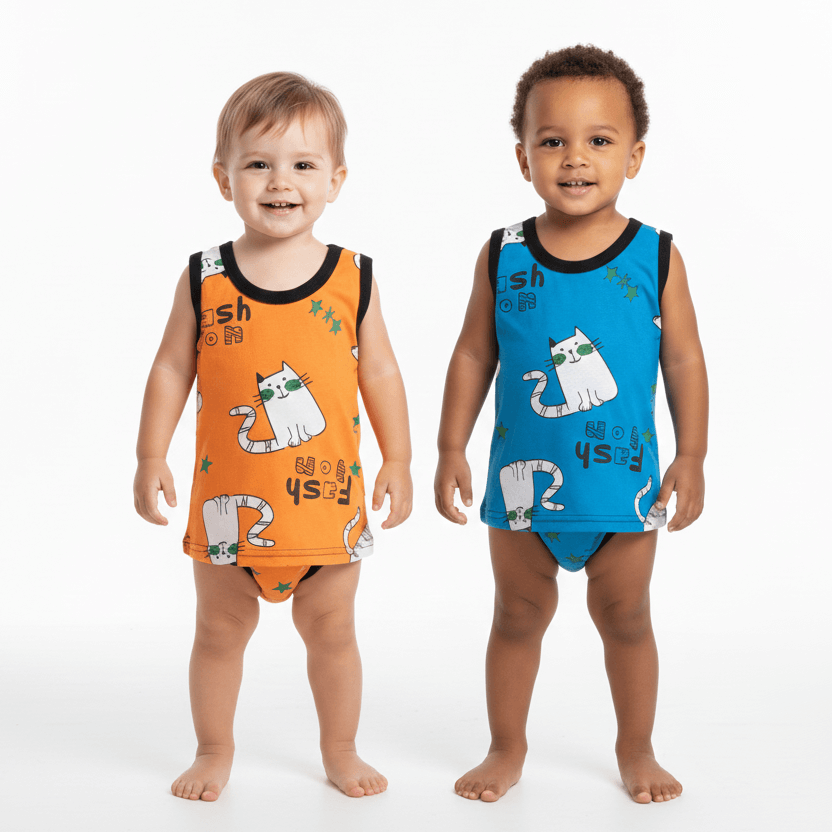 Two children wearing colorful tankinis with cat designs on a white background