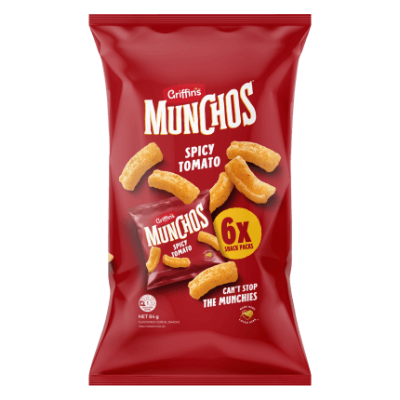 Red package of Munchos Spicy Tomato chips on a white background