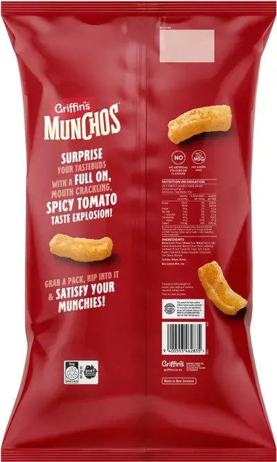 Red package of Griffins Munchos with text and images of the snack on a white background