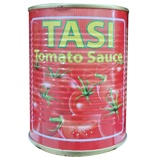 A can of TASI Tomato Sauce with a red label, featuring images of tomatoes.