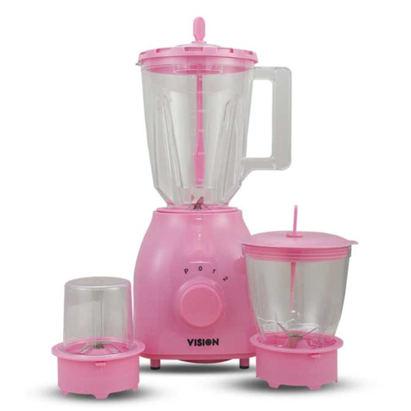 Pink blender with attachments on a white background