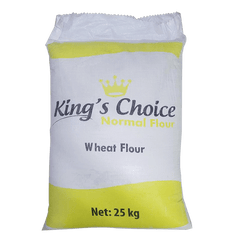 Bag of King's Choice Normal Flour with a yellow and white design on a black background