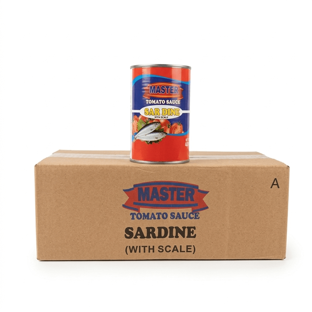 Can of Master Tomato Sauce Sardine with Scale on a cardboard box with the same branding.