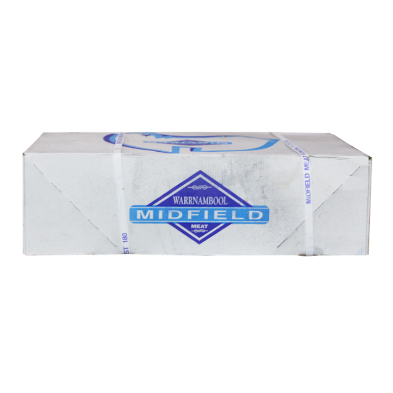 Packaged 20kg Lamb Flap meat product from Midfield, wrapped in clear plastic with branding visible.