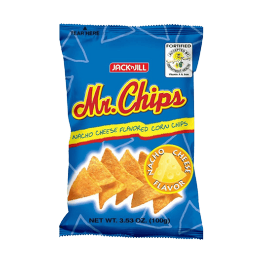 Packaging of Jack & Jill Mr. Chips nacho cheese flavored corn chips on a white background