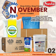 NOVEMBER SAVER'S COMBO 02 - CHICKEN LEG 15KG/33LBS + PAULS PURE MILK 1LTR*12 + BROWN SUGAR 10KG + PUNJAS B/CRACKER 2KG + SEDAAP SUPREME NOODLE 91G*40 + RICE 40LBS [GET 1 FREE VELVET ICE CREAM 2L]