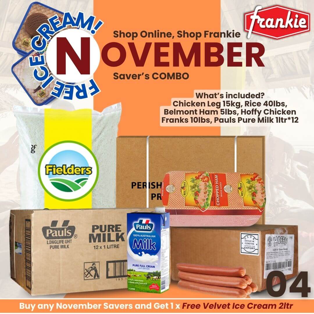 NOVEMBER SAVER'S COMBO 04 - CHICKEN LEG 15KG/33LBS +BELMONT CHOPPED HAM 5LBS + PAULS PURE MILK 1LTR*12 + HOFFY CHICKEN FRANKS 10LBS + RICE 40LBS [GET 1 FREE VELVET ICE CREAM 2L]