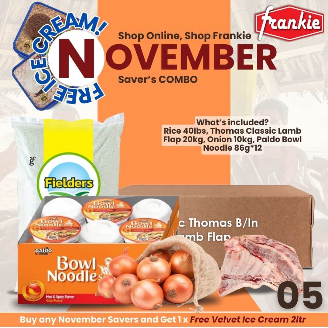 NOVEMBER SAVER'S COMBO 05 - THOMAS FOOD B/IN LAMB FLAP 20KG + ONION 10KG + PALDO BOWL NOODLE  86G*12 + RICE 40LBS [GET 1 FREE VELVET ICE CREAM 2L]