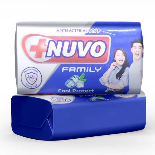 Pack of Nuvo Family Cool antibacterial soap with blue and white color scheme, featuring an image of a smiling family and the soap's cooling feature.
