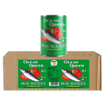 Can of Ocean Queen Mackerel in Tomato Sauce on a cardboard box with multiple labels.