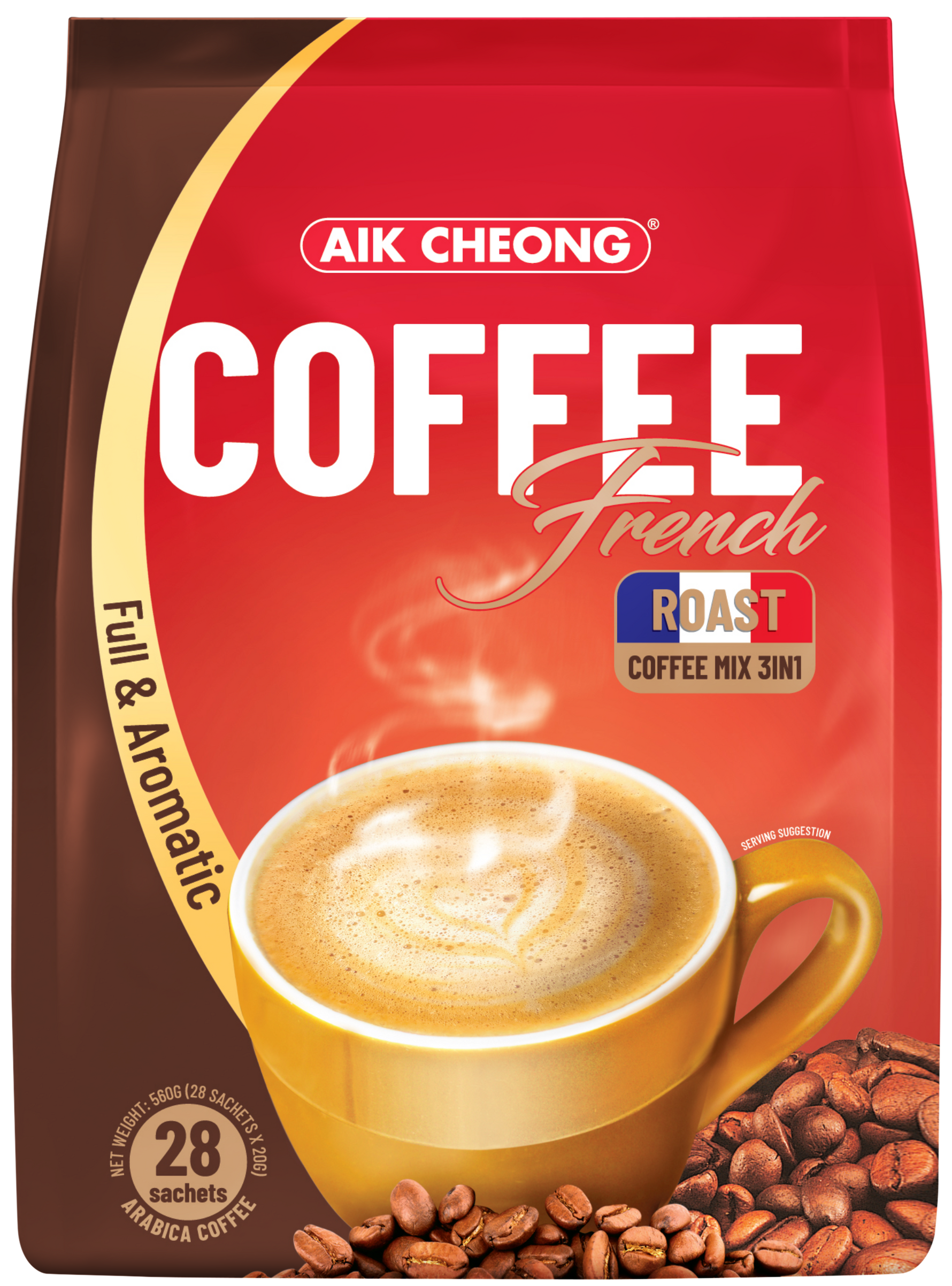 A pack of AIK French Roast Coffee Mix 3IN1 with a picture of a cup of coffee on the front, and text indicating the flavor and brand.