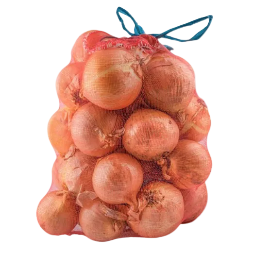 A bunch of yellow onions packed inside a red mesh drawstring bag, isolated on a white background.