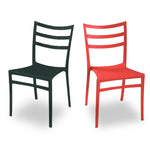 Two plastic chairs, one black and one red, with a simple design.