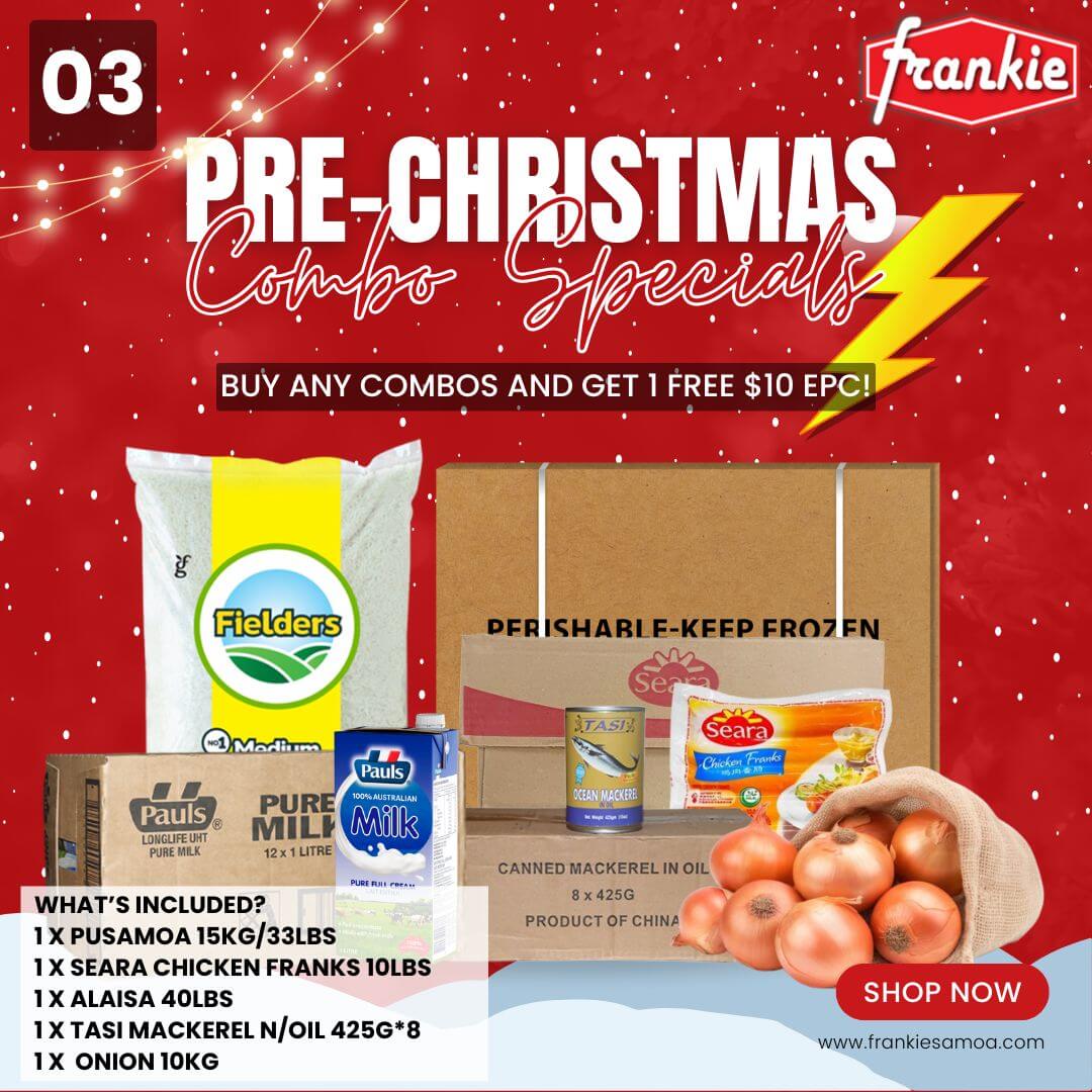 PRE - CHRISTMAS COMBO #3 - Rice 40lbs + Chicken Leg Quarter 15kg/33lbs + Pauls Pure Milk 1ltr*12 + Tasi Mackerel N/Oil 425g*8 + GP Brazilian Chicken Franks 340g*24 + Onion 10kg - Free $10 EPC Cash Power